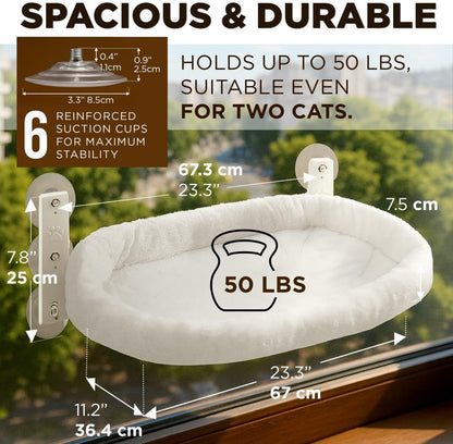 Cat Window Perch – Strong 6 Suction Cup Cat Hammock Bed That Holds up to 50 lbs with Washable Reversible Cover, Sturdy Metal Frame for Indoor, Window or Wall Mounted Perch (White)