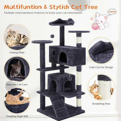FluffyDream Cat Tree Tower for Indoor Cats, 54 Inches Multi-Level Activity Cat Tree with Sisal Scratching Posts Cat Play House Condo for Large Cat Kittens, Gray