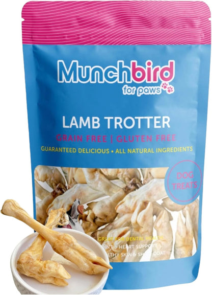 Munchbird Lamb Trotter Dehydrated Dog Treats Natural Glucosamine for Dogs Chondroitin for HIPS and Joints Lean Hypoallergenic Protein Rawhide Free. Alternative to Duck Feet Lamb Ears (4.5 oz)