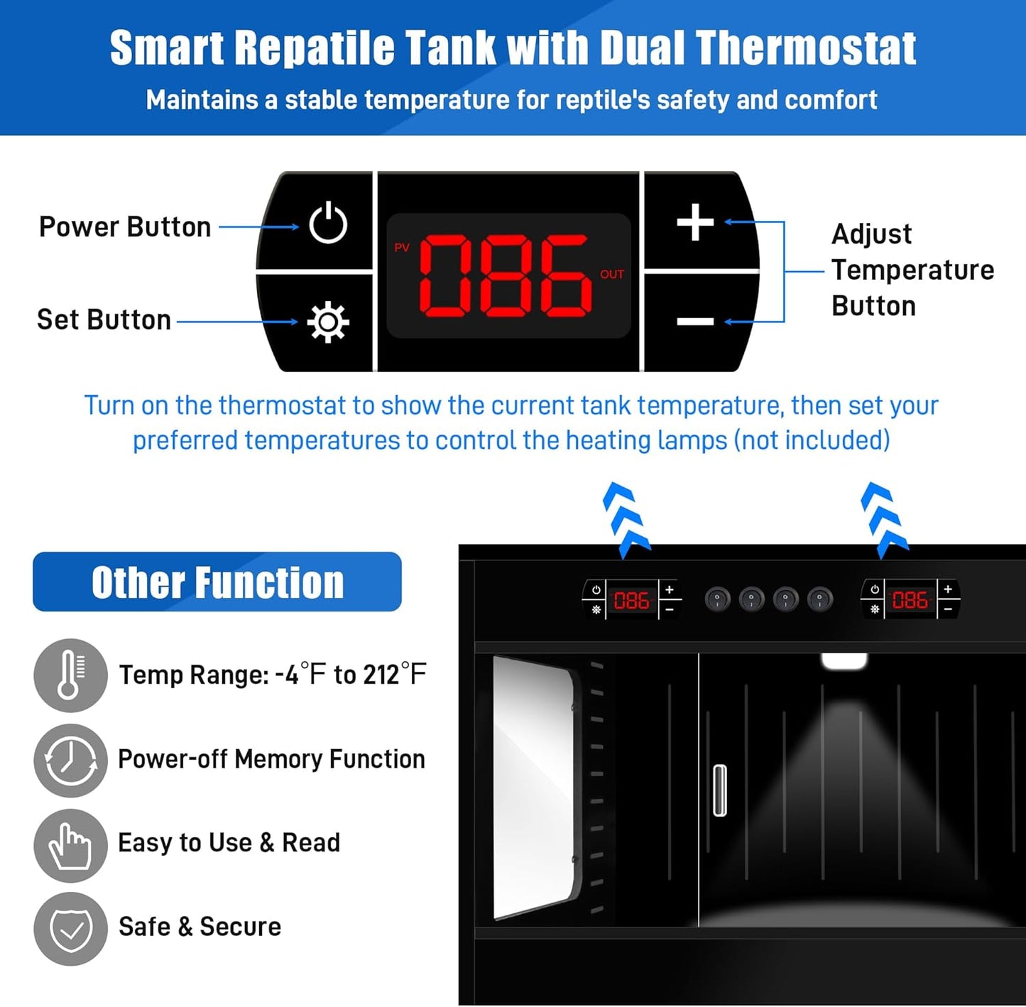120 Gallon PVC Reptile Terrarium - Extra Large Reptile Tank with Intelligent Thermostat, Front Opening Bearded Dragon Tank Enclosure 47"x24"x24" with Carpet Mat and Sliding Door Handle for Snake Gecko