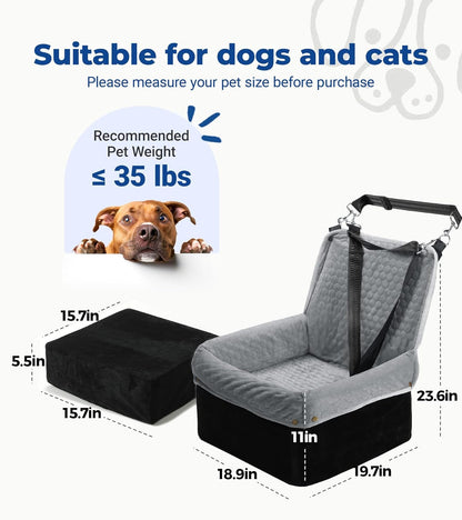 Dog Car Seat for Small Medium Dogs, Travel Pet Car Bed with Removable Waterproof Cover, Memory Foam Dog Booster Seats Up to 35 lbs, Safety Belt and Storage Pocket(Gray)