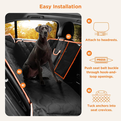 Waterproof Dog Car Seat Cover, Black with Orange Trim, Universal Size Back Seat Protector with Mesh Window, Storage Pocket, Side Flaps for Car, Truck, SUV