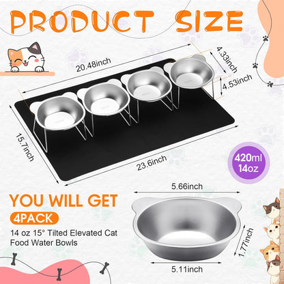4 Set Elevated Cat Food Water Bowls 15°Tilted Stand Anti Vomiting Raised Dishes with Food Silicone Mat Stainless Steel Whiskers Friendly Cat Bowls for Multiple Cats and Puppy