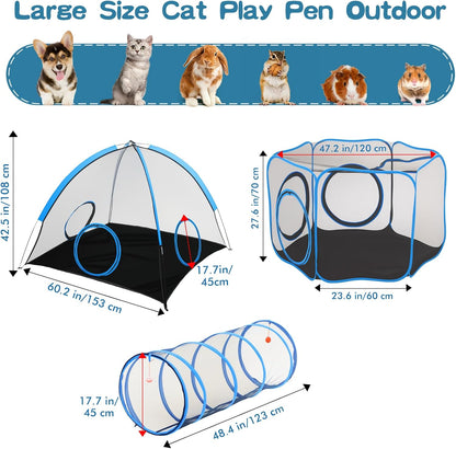 Outdoor Cat Enclosure, 3-in-1 Catio Outdoor Cat Enclosure with Tunnel for Outside and Indoor, Cat Tent Portable Catio Pet Playpen with Storage Bag for Kitty and Small Animals