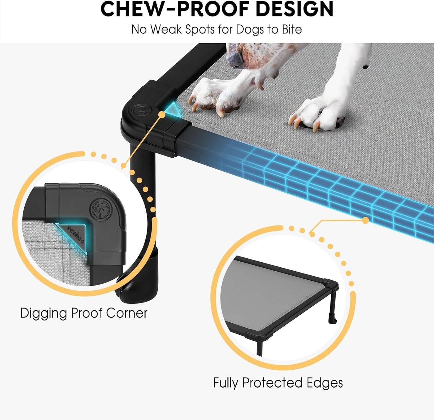Veehoo Chew-Proof Elevated Dog Bed, Durable Training Platform for Large Dogs, Indoor Outdoor Raised Pet Cot, Grey, 41x27inches, Model CWC2420CP