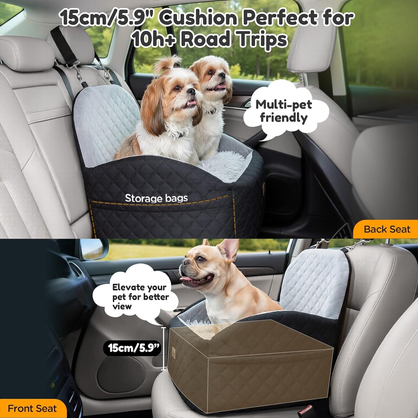 Gimars Upgrade Dog Car Seat with Reversible Long & Short Plush Seat Cushion for Small/Medium Dogs Up to 40lbs, Detachable Washable Anti-Slip Dog Booster Seat with 5.9'' 28D Egg-Crate Foam, S