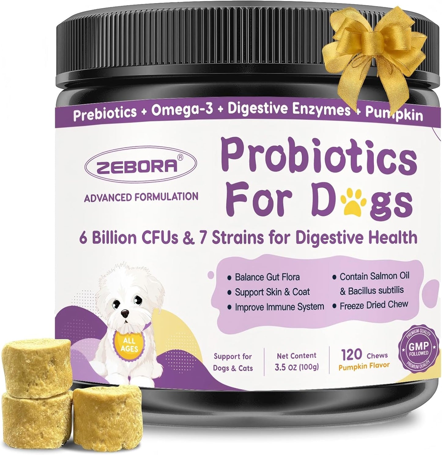 ZEBORA Probiotics for Dogs, Dog Probiotics for Digestive Health, with Pumpkin, Digestive Enzymes, Omega-3, Support Gut, Immune Health, Upset Stomach Relief, Occasional Diarrhea, 120 Freeze Dried Chews