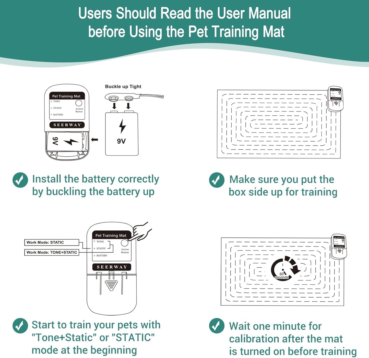 SEERWAY Scat Pet Shock Mat Indoor, Safe Shock Training Pads for Dogs and Cats, Electric Repellent Mat Keeps Pets Off Couch, Sofa, Counter Top, 3 Training Modes, 60"x12" Rectangular, Battery Operated