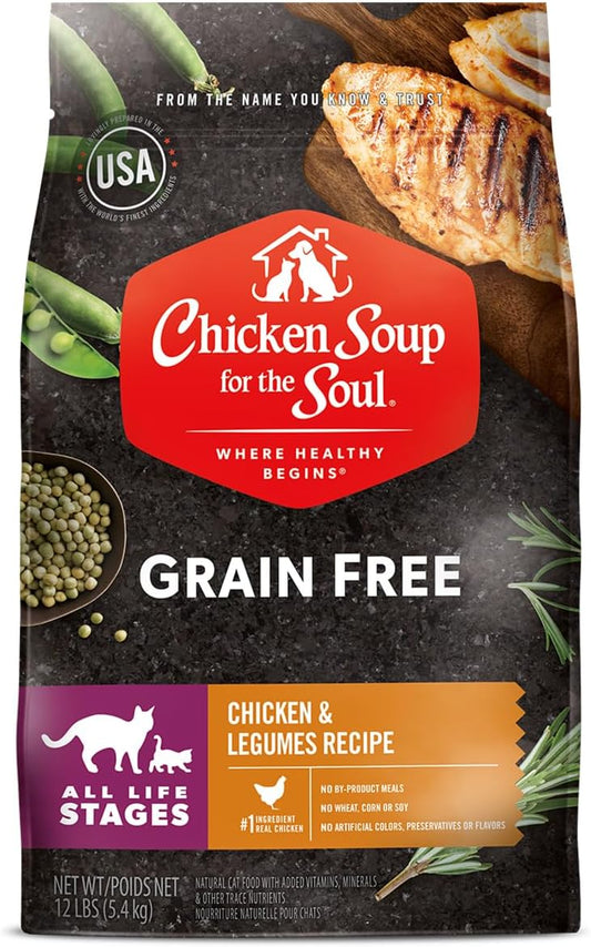 Chicken Soup for the Soul All Natural Premium Grain-Free All Life Stage Dry Cat Food, Real Meat First Ingredient, No By-Products, Supports Immune & GI Health, Chicken & Legumes, 4lb