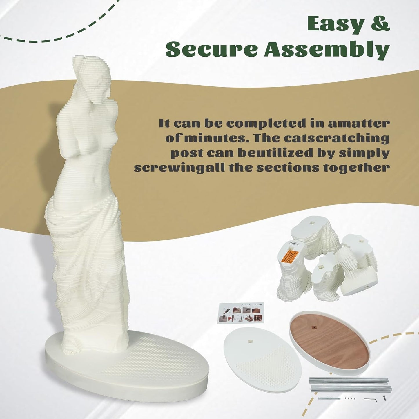 Venus de Milo Art Inspired Cat Scratching Post, White Classical Sculpture Design, Premium Indoor Cat Furniture, Decorative Statue Scratcher with Durable Base