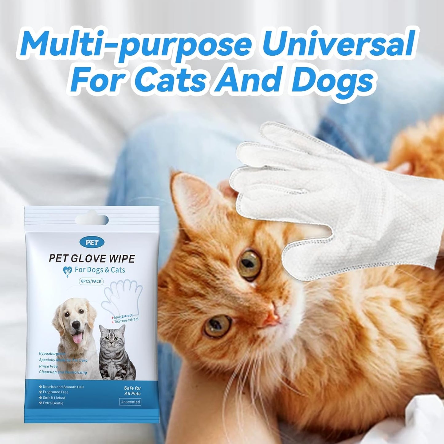 WGP Pet Glove Wipes for Dogs Cats, Cleaning & Deodorizing Grooming Gloves, Dog Wipes for Body Daily Care, Cat Grooming Wipes Cleaning Fur Traveling Rinse Free, Odorless and Unscented, 3pack/18pcs