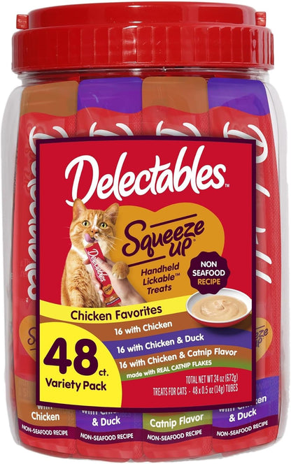 New! Delectables Squeeze Up Non-Seafood Chicken Variety Pack, Creamy Squeezable Puree, Lickable Wet Cat Treats, Grain-Free, No Added Fillers, 0.5 Ounces Tube, 48 Tubes Total