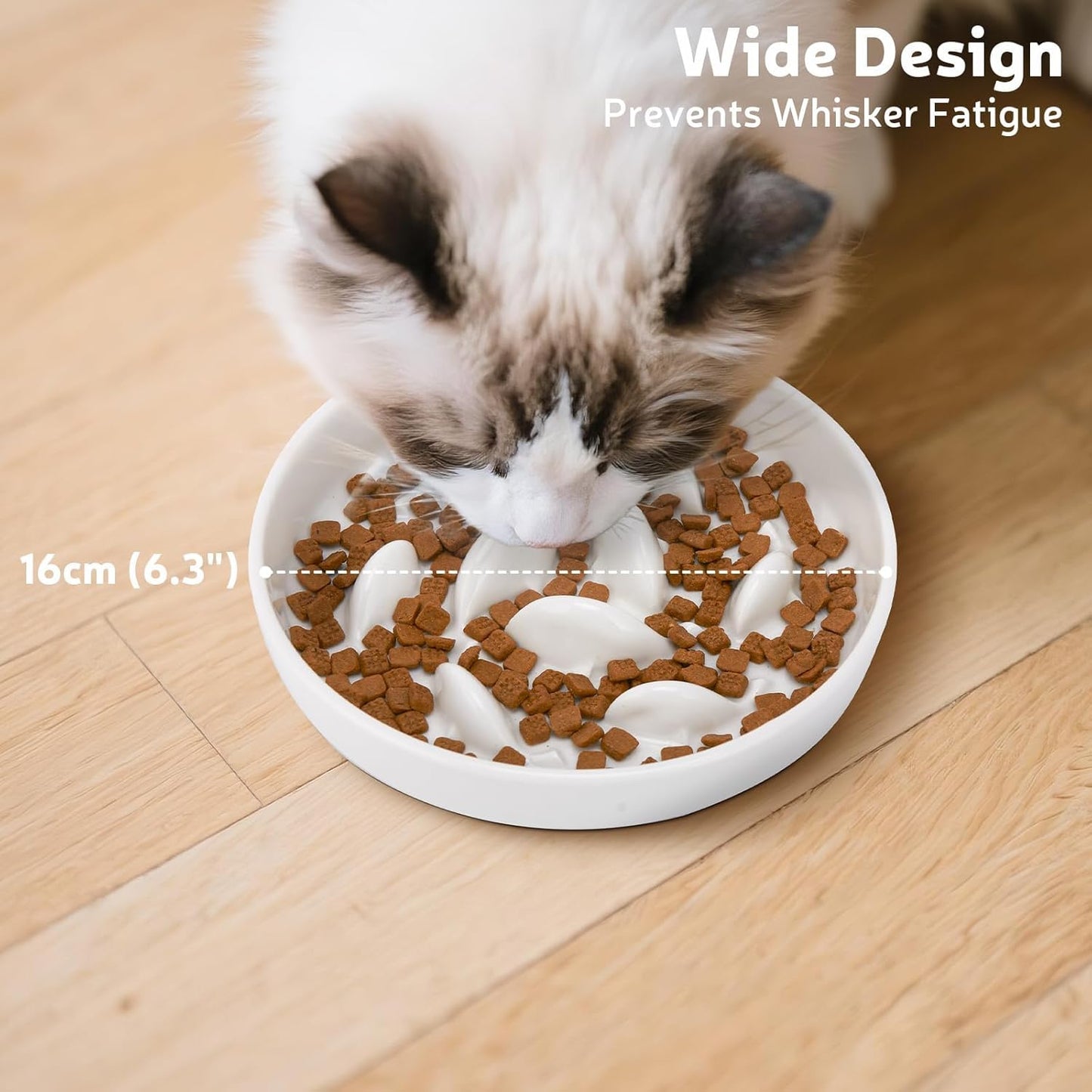 Ceramic Slow Feeder Cat Bowl 6.3'' Wide, Shallow Slow Eating Cat Bowl for Dry and Wet Food, Anti Gulping Pet Puzzle Feeder for Cats and Small Dogs, Dishwasher Safe (White)