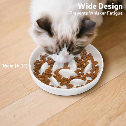 Ceramic Slow Feeder Cat Bowl 6.3'' Wide, Shallow Slow Eating Cat Bowl for Dry and Wet Food, Anti Gulping Pet Puzzle Feeder for Cats and Small Dogs, Dishwasher Safe (White)