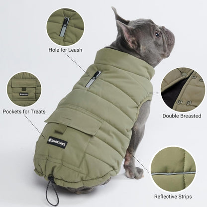 Spark Paws Dog Winter Jacket, Water-Resistant Coat, Warm Reflective Windproof Fleece-Interior, for Medium and Large Dogs - Olive - XL