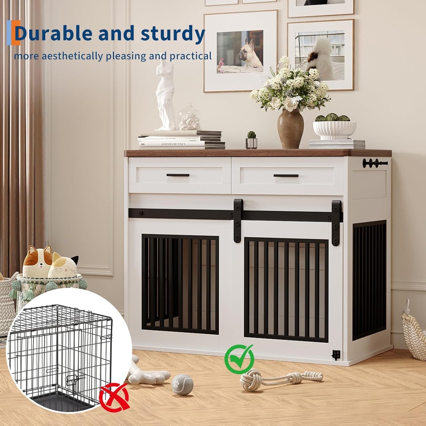 44.5'' Dog Crate Furniture with Hook & Storage Drawers, Wooden Heavy Duty Dog Kennel Indoor with Sliding Barn Doors, Decorative Pet House End Side Table TV Stand for Medium/Small Dogs,White