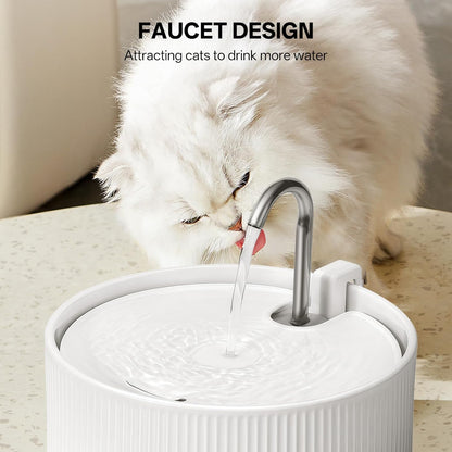 Ceramic Cat Water Fountain, 2.2L/ 74oz Pet Water Fountain, Drinking Fountains Bowl for Cats and Dogs with Replacement Filter and Foam (White)