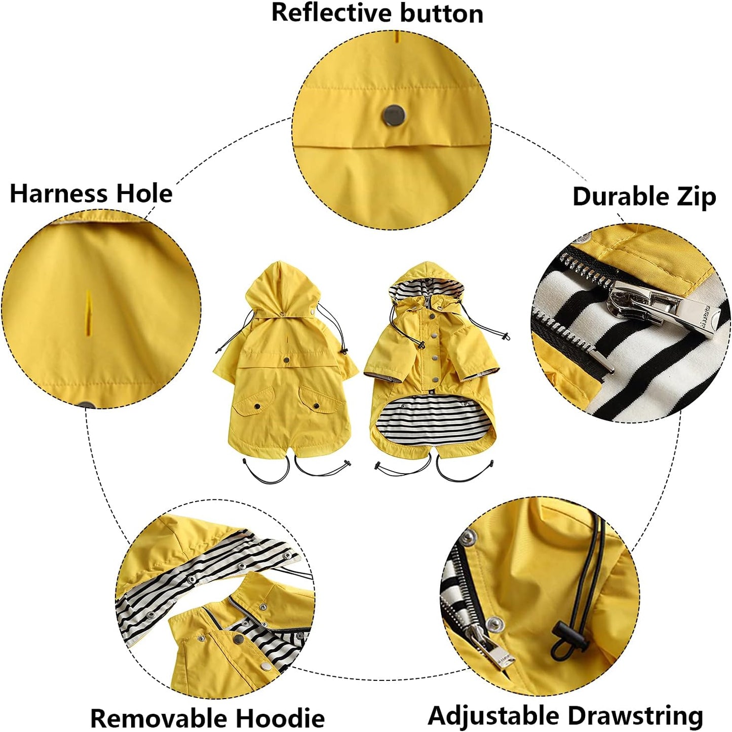 Dog Zip Up Raincoat with Reflective Buttons, Rain/Water Resistant, Adjustable Drawstring, Removable Hood, Raincoats with Legs 8lbs to 80lbs Available - Yellow - Medium