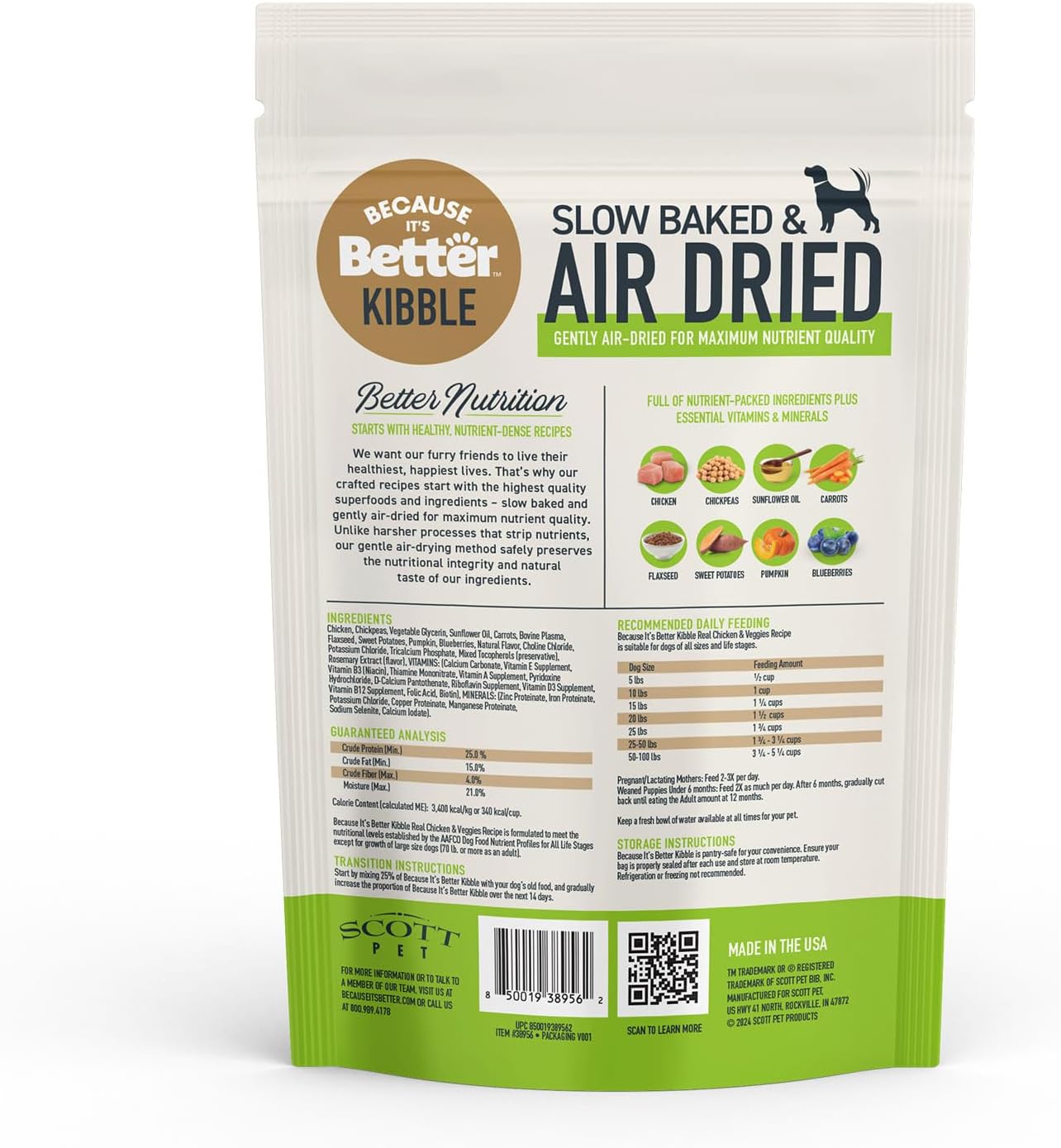 Because It's Better Slow Baked and Air Dried Dog Food, Real Chicken and Veggies, 1lb Bag, Complete and Balanced Dry Dog Food, for All Life Stages