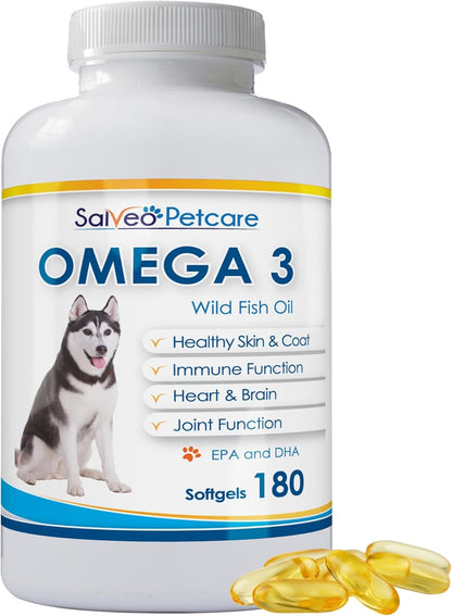 Omega 3 Fish Oil for Dogs - Natural Pet Supplement for Shiny Coat - Wild Caught More EPA & DHA Than Salmon Oil - 180 Capsules No Fishy Smell or Mess - Ideal for Medium Large Dogs