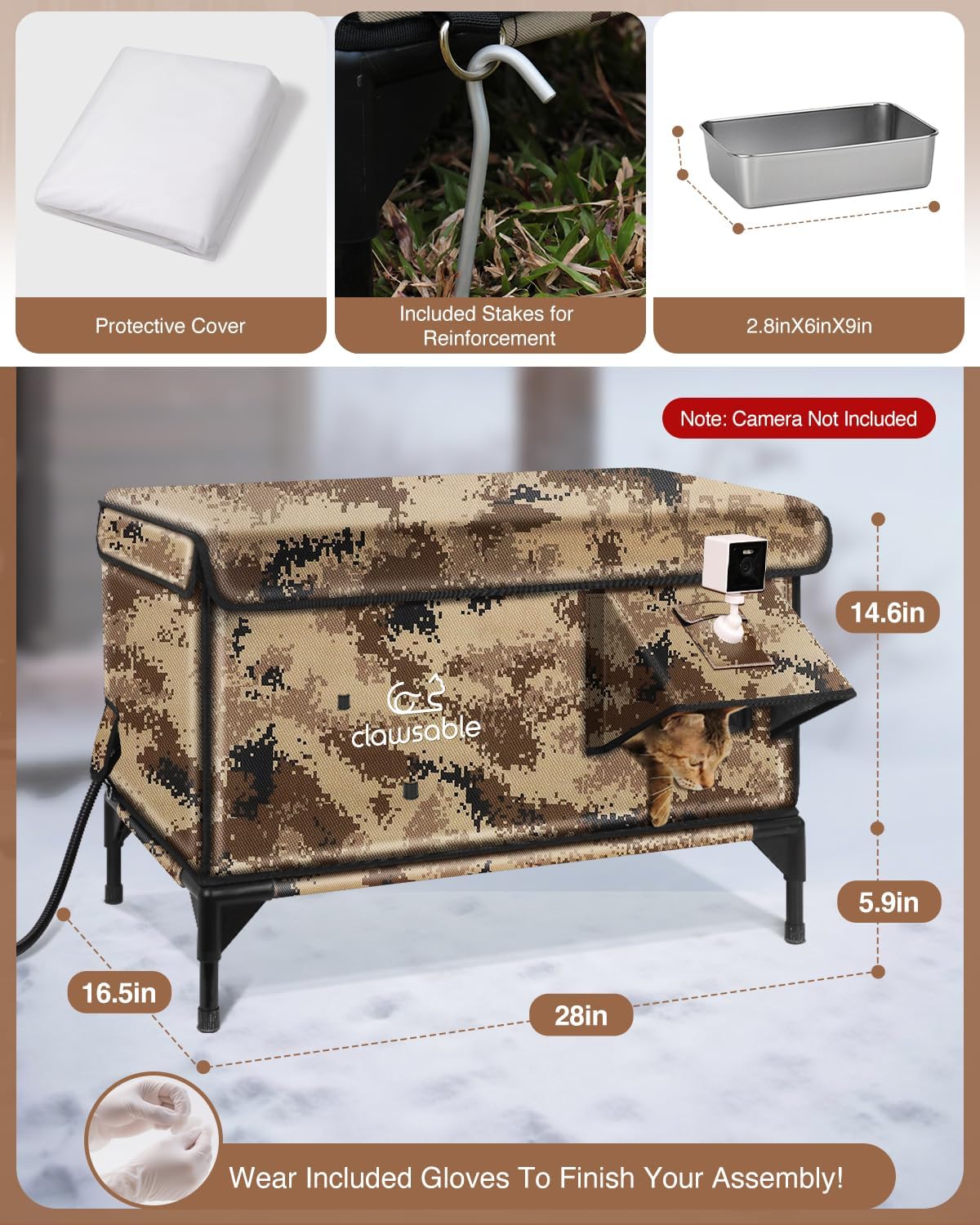 Indestructible X-Large Heated Cat House for Outside Winter, 100% Waterproof, Safe Escape Door, Insulated Outdoor Cat Shelter with Heater for Feral Barn Cat Kitty (Desert Camouflage, 30"x17"x20")