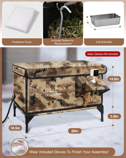 Indestructible X-Large Heated Cat House for Outside Winter, 100% Waterproof, Safe Escape Door, Insulated Outdoor Cat Shelter with Heater for Feral Barn Cat Kitty (Desert Camouflage, 30"x17"x20")