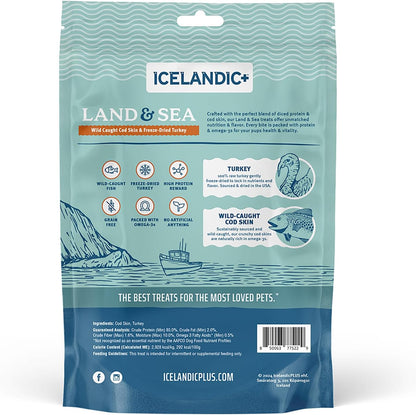 Icelandic+ Land & Sea Wild Caught Cod Skin & Freeze-Dried Turkey - 2.4oz Bag, Dog Treat & Food Topper, 2 Ingredients, No Preservatives, All Natural (Pack of 2)