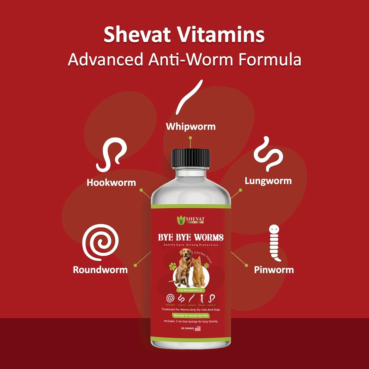 Bye Bye Worms – Advanced Dewormer for Cats & Dogs | Safe & Effective Liquid Worm Treatment | Chicken Flavor | 2 oz