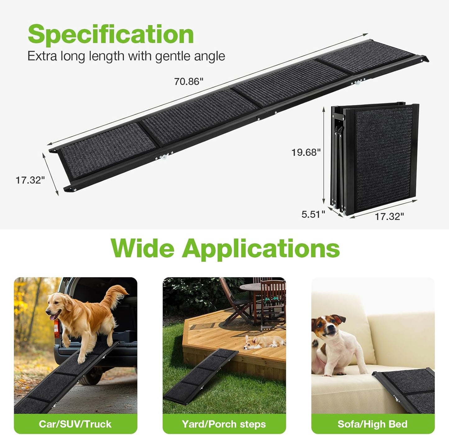 Dog Ramp for Car 71" Long & 17" Wide Folding Dog Ramp with Non-Slip Surface,Portable Pet Ramp for Large Dogs Up to 300LBS
