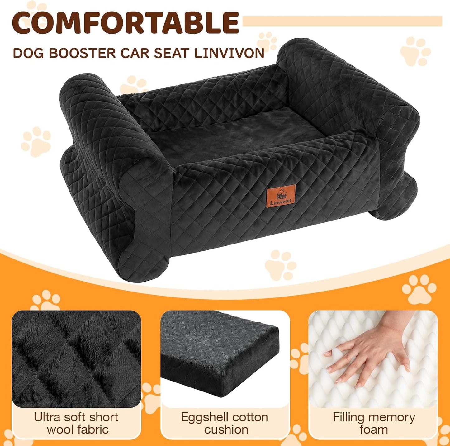 Dog Car Seat for Medium/Large Dogs up to 60 lbs, Memory Foam Dog Booster Seat with Thick Cushion, Pet Car Seat for Back with Detachable Washable Cover, Storage Pockets for SUV, Pick Up, Trunk, Black