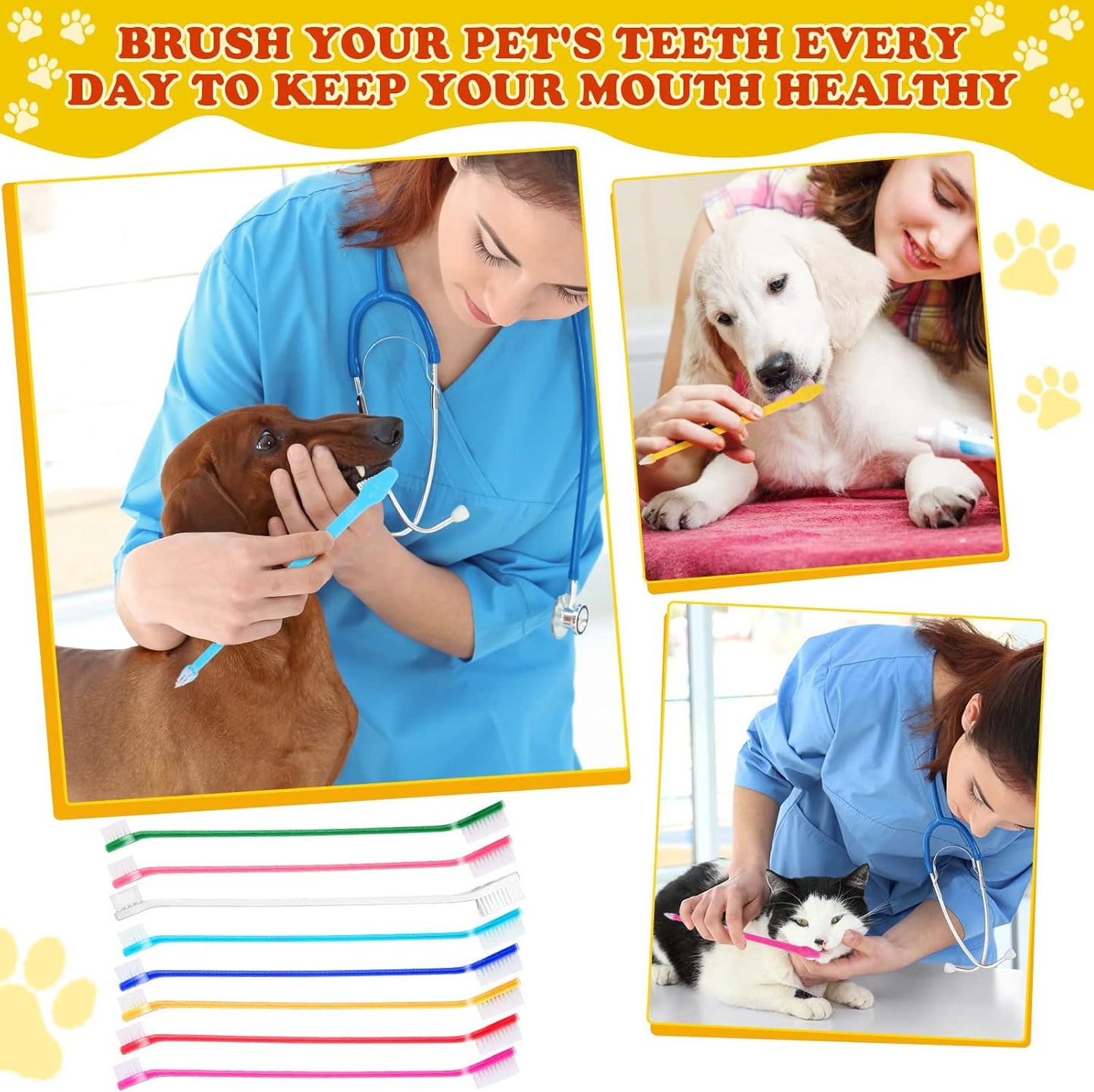 200 count Dog Toothbrush Bulk Dual Headed Dental Brushes Dogs Tooth Brushing Kit Long Handle Pet Tooth Brush for Puppy Large Small Cats and Most Pets Teeth Cleaning Dental Care Supplies, 8 Colors
