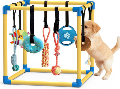 Puppy Play Gym with 8 Hanging Toys Indoor Play Gym Interactive Dog Toys for Boredom Enrichment Activity for Small Dog Teething PVC Frame Stretchy Rope with Velcro (19.6 x 19.6 x 19.6 inch)