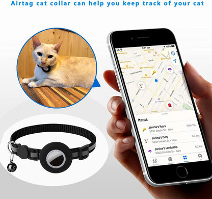Breakaway AirTag Cat Collar with Reflective Strip, Compatible with AirTag – Lightweight and Adjustable Kitten Collar for Boy and Girl Kittens, Includes Safety Release Buckle and Bell (Black)