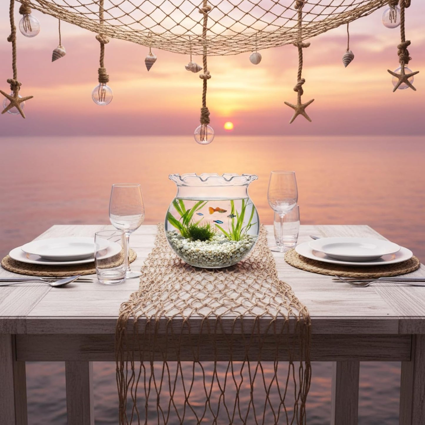 SATINIOR Mini Plastic Fish Bowl with Fish Net Decor, 6 Small 0.18 Gallon Lace Bubble Bowl Pair with 6 Fishnet, for Ocean-Themed Aquarium Hawaiian Parties Banquets Mediterranean Style