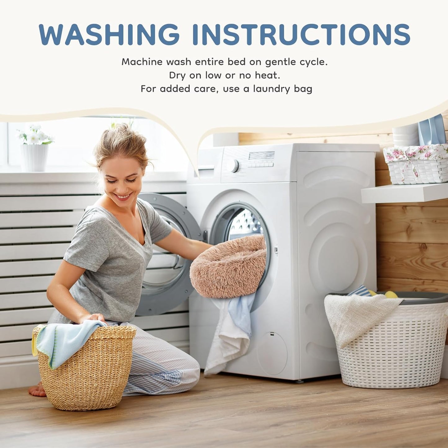 DUMOS 24x24 Inch Calming Donut Dog Beds for Medium Dogs, Machine Washable Cuddler Warming Cozy Fluffy Faux Fur Plush Round Pet Bed, Anti-Slip Bed for Indoor Dogs and Cats, Brown