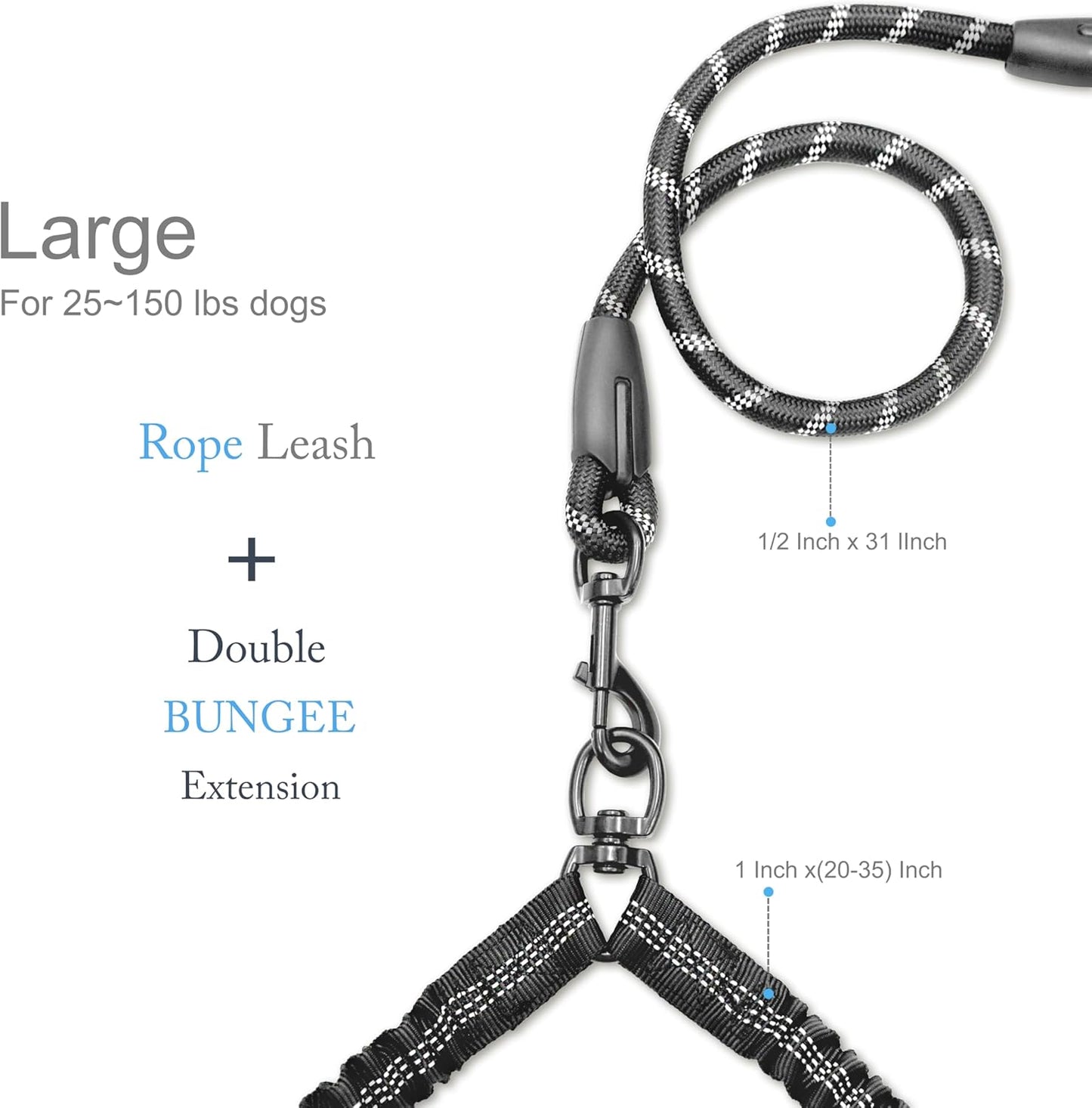 Double Dog Leash for Two Dogs, Heavy Duty Adjustable No Tangle, Bungee Retractable Split Multiple Leash for Walking 2 Dogs, 5.5FT-1/2”, Black