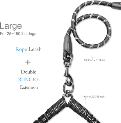 Double Dog Leash for Two Dogs, Heavy Duty Adjustable No Tangle, Bungee Retractable Split Multiple Leash for Walking 2 Dogs, 5.5FT-1/2”, Black