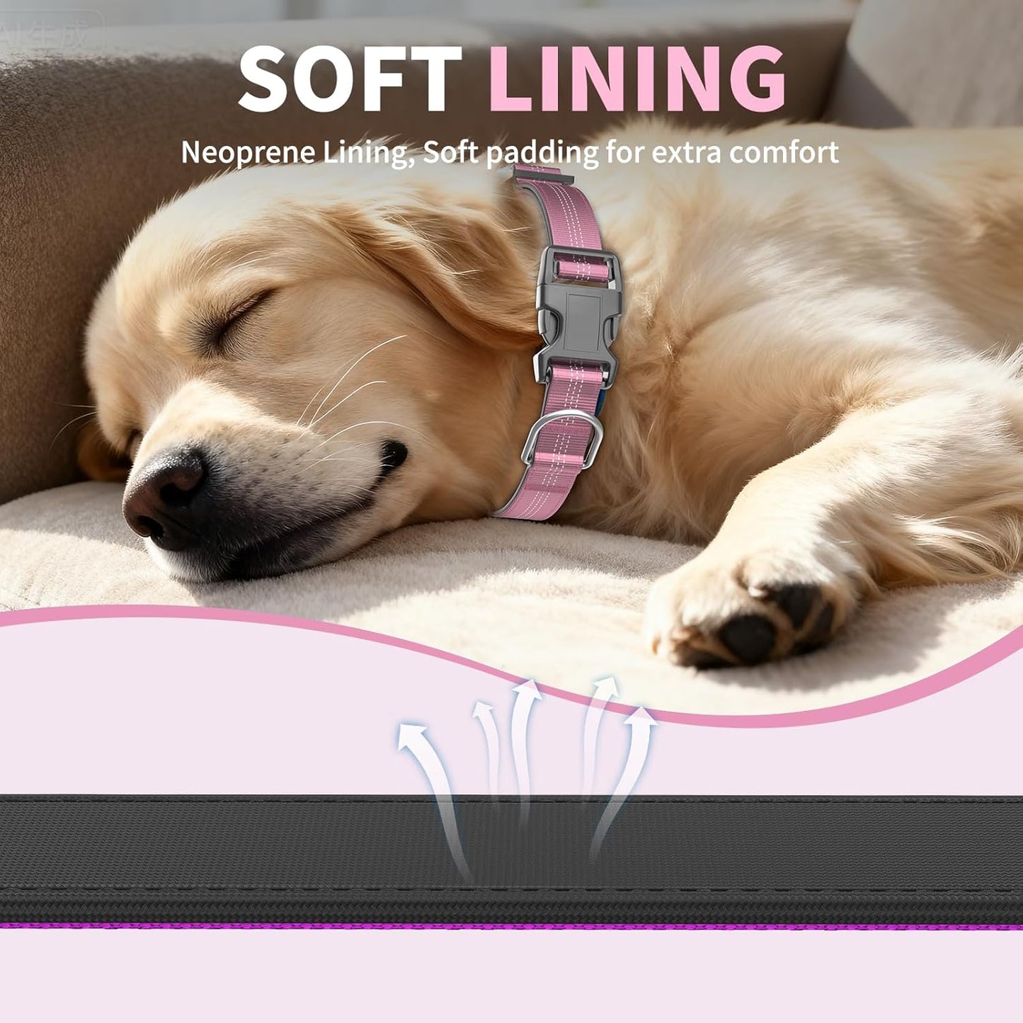 Thickened Padded Durable Dog Collar, Adjustable, Ultra-Durable, Suitable for Medium, and Large Breed Pet Collars (Pink, L)