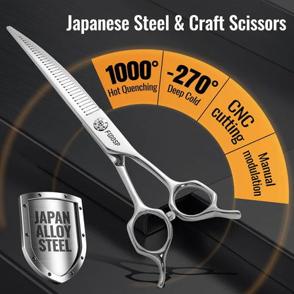 Magic Curved Fluffers Chunkers Dog Grooming Scissors Professional 7'' Pointy-tongued Curved Thinning Shears for Pet Cat Shih Tzu Schnauzer 50% Thinning Rate Japan 440C 33 Teeth