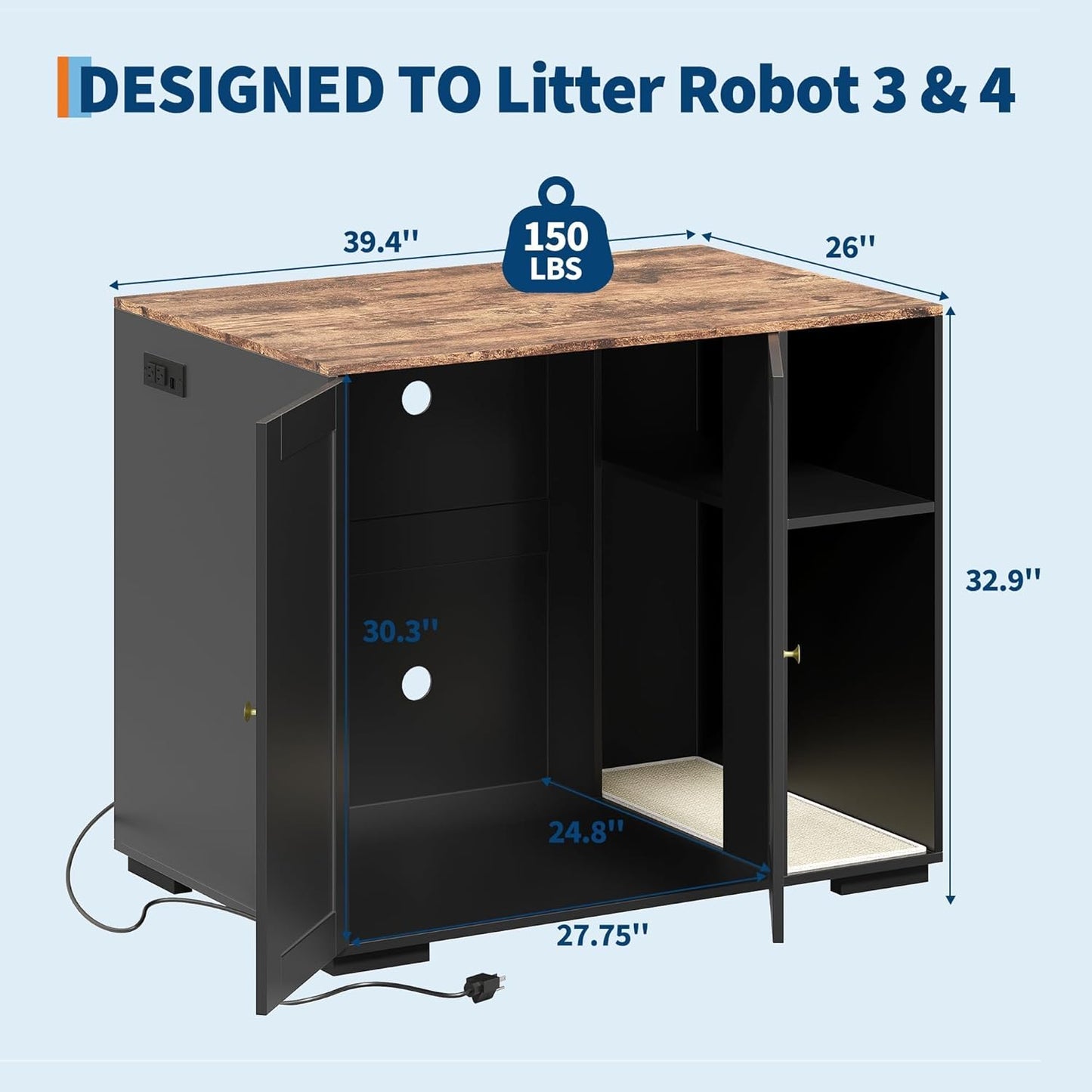 GarveeLife Cat Litter Enclosure Cabinet for Robot 3/4, XL Cat Enclosure Furniture with Built-in Power Outlet, Mat and Dog-Proof Shelf, Fit Most Self-Cleaning Litterboxes Black-A