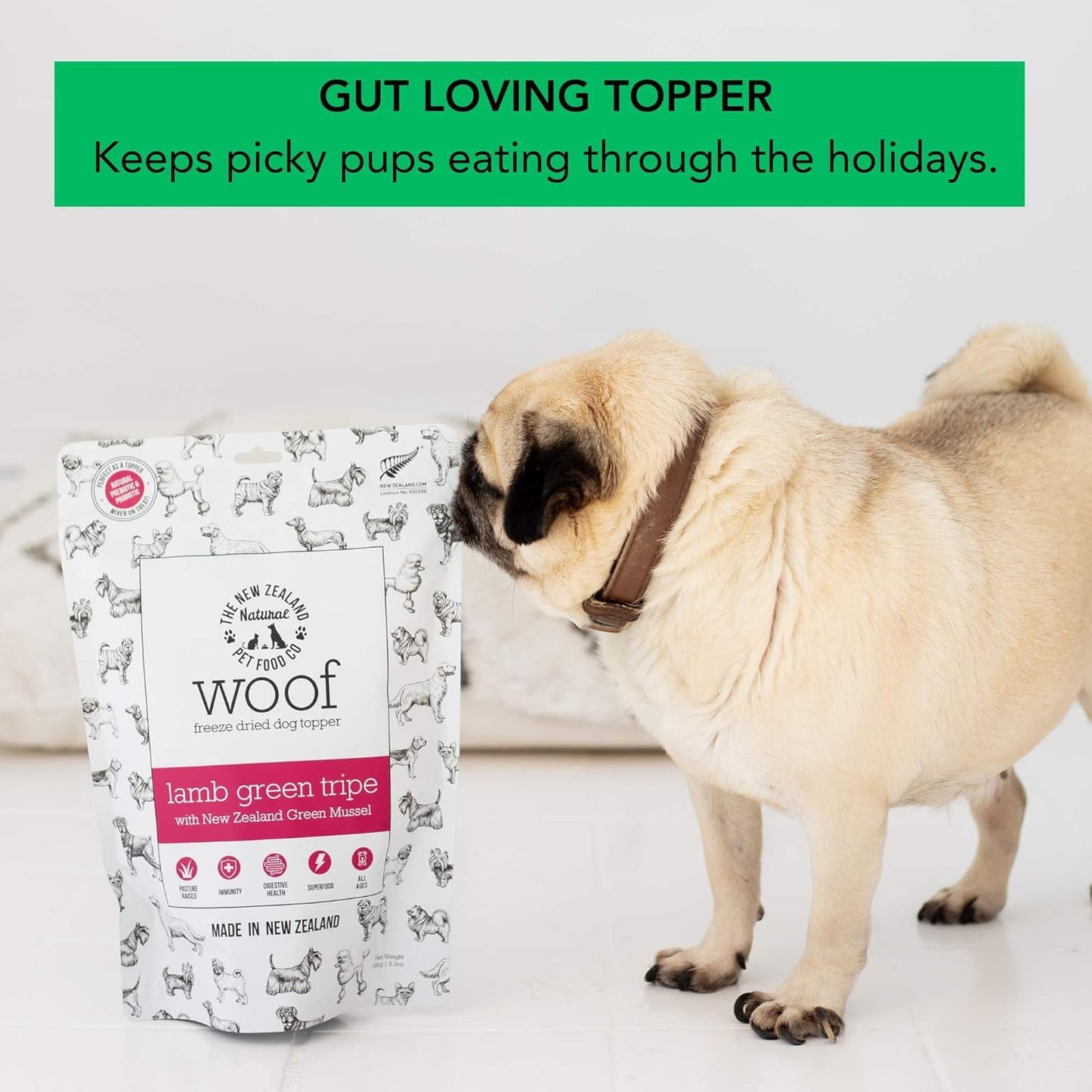 The New Zealand Natural Pet Food Co. – Freeze-Dried Holiday Pet Essentials Bundle (5 Items) – Venison, Brushtail, Tripe Topper, Beef Treats & Manuka Wipes