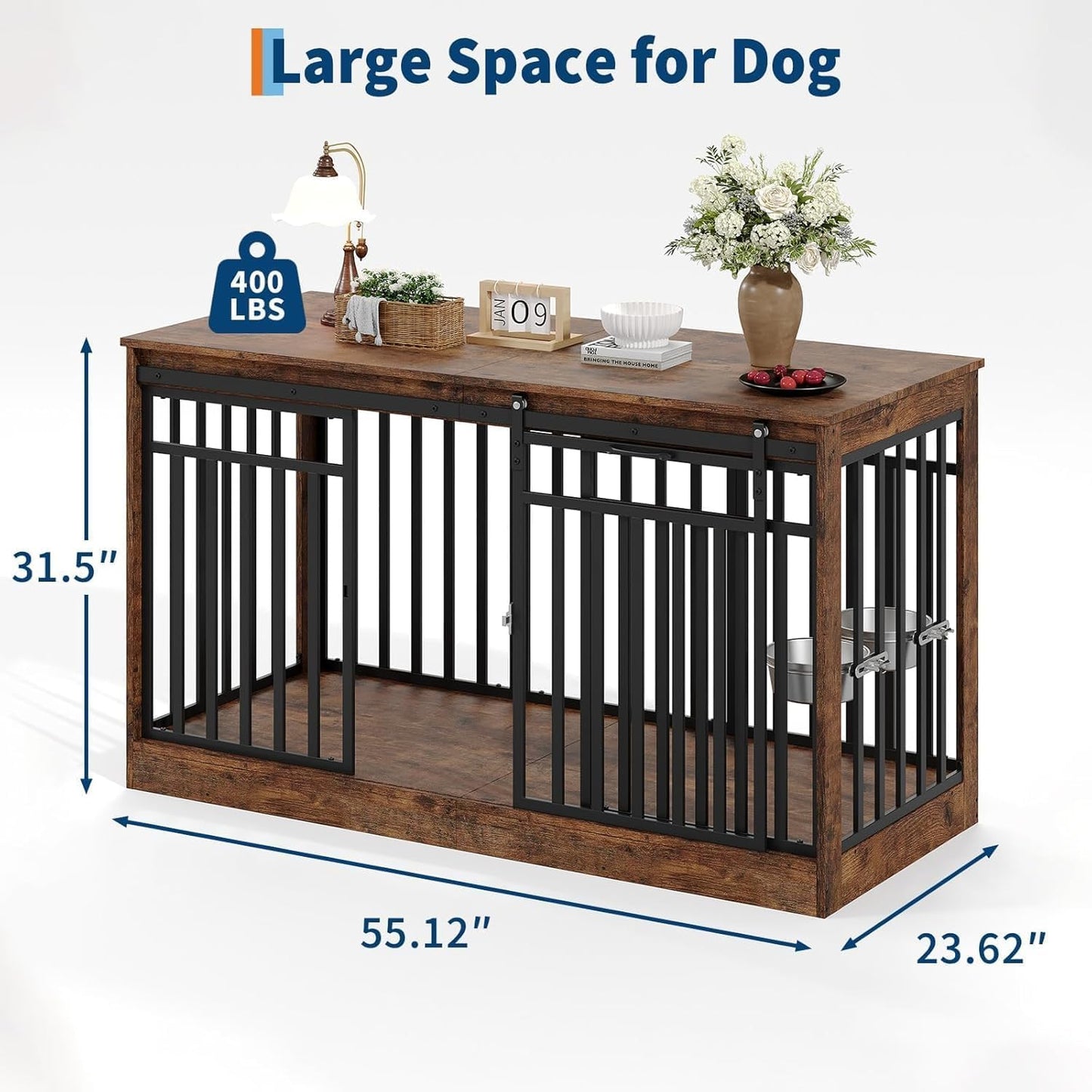 Double-Door Dog Crate Furniture, 55 Inch Rustic Wooden Indoor Dog House Side Table for Small to Medium Dogs, Chew-Resistant Pet End Table, Brown