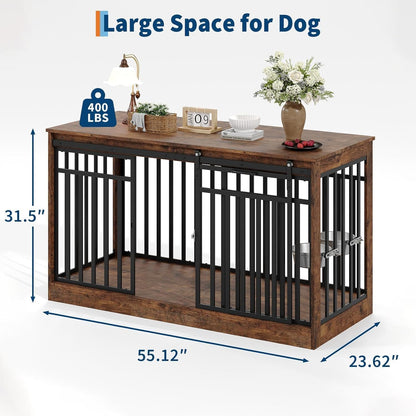 Double-Door Dog Crate Furniture, 55 Inch Rustic Wooden Indoor Dog House Side Table for Small to Medium Dogs, Chew-Resistant Pet End Table, Brown