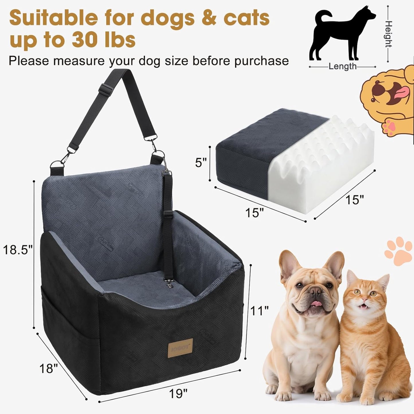 JOEJOY Dog Car Seat for Small/Medium Dogs, Memory Foam Dog Booster Seat with Washable Cover, Travel Safety Pet Car Seat with Storage Pockets for Dogs up to 30 lbs