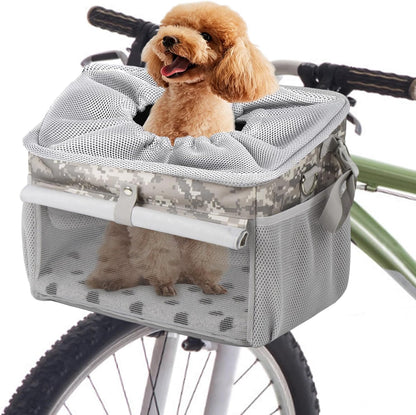 Dog Bike Basket, Pet Bicycle Carrier, Dog Car Seat with Safety Rope, Adjustable Shoulder Strap Portable Breathable Bicycle Basket Bag for Dogs and Cats Up to 15lbs