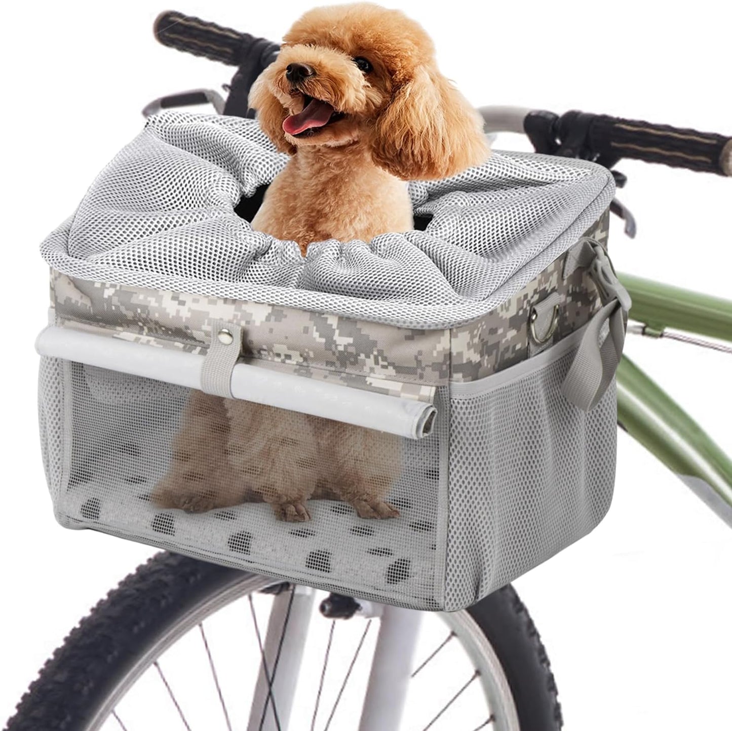 Dog Bike Basket, Pet Bicycle Carrier, Dog Car Seat with Safety Rope, Adjustable Shoulder Strap Portable Breathable Bicycle Basket Bag for Dogs and Cats Up to 15lbs