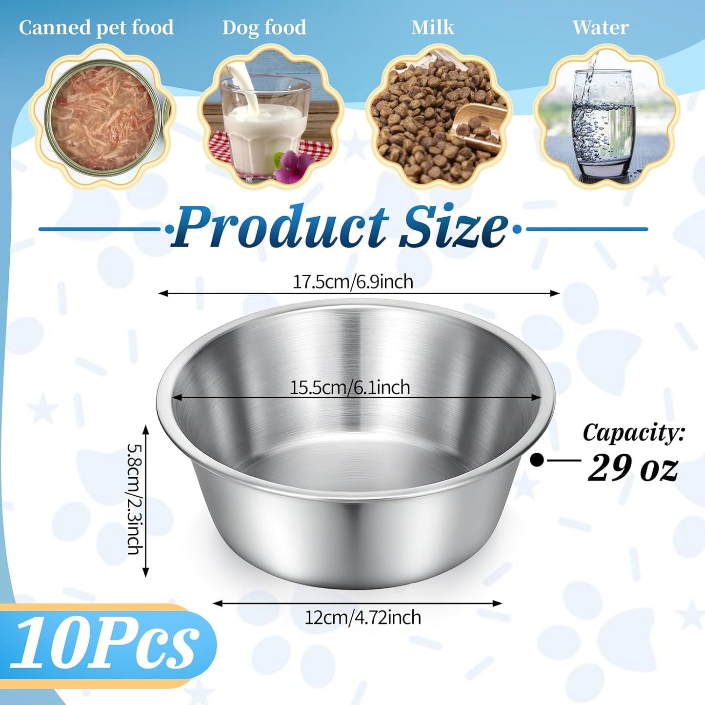 10 Pcs Stainless Steel Dog Bowls Bulk, 6.9 Inch Thickened Metal Food and Water Dish Basic Pet Feed Bowl Replacement Pet Bowls for Dogs Cats(29 Oz, Dishwasher Safe)