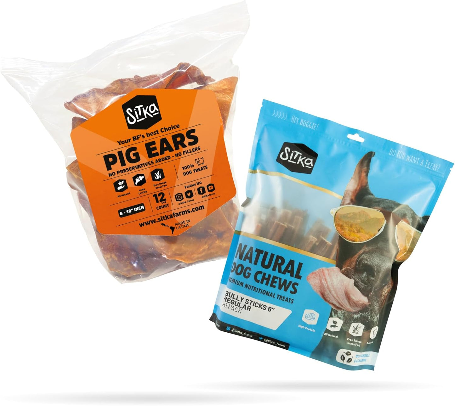Sitka Farms Bully Sticks 6 Inch 40 Count and Pig Ears 12 Count Premium Dog Treats Bundle