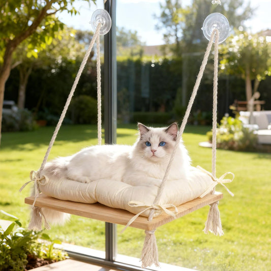 Cat Window Perch, Suction Cup Window Hammock Seat Beds for Indoor Cats with Soft Cushion and Solid Pine Wood