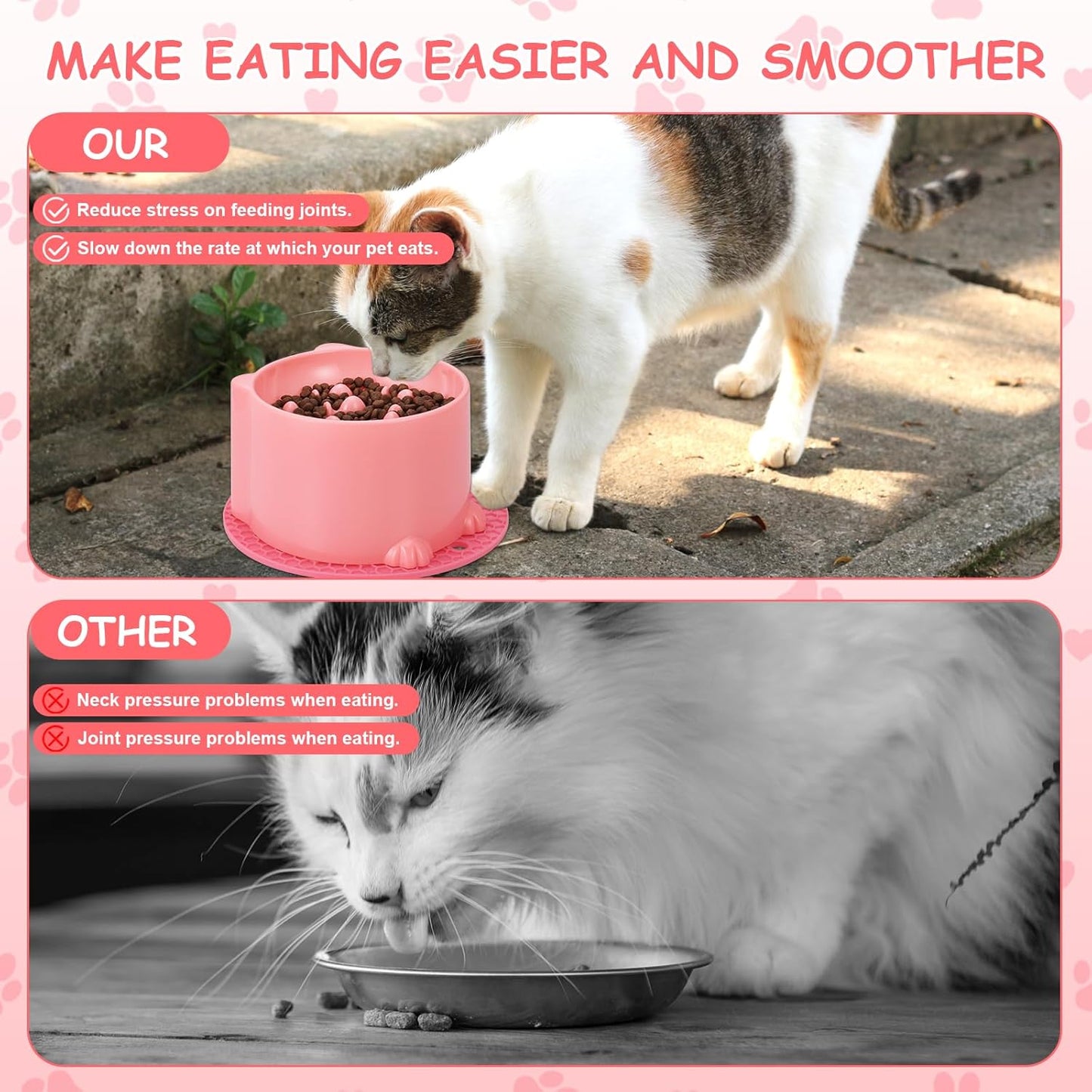 2 Pcs Raised Slow Feeder Cat Bowl, Plastic Elevated Cat Slow Feeder Bowl with Anti-Skid Mat, Raised Slow Cat Feeder for Dry and Wet Food (Green＆Pink)